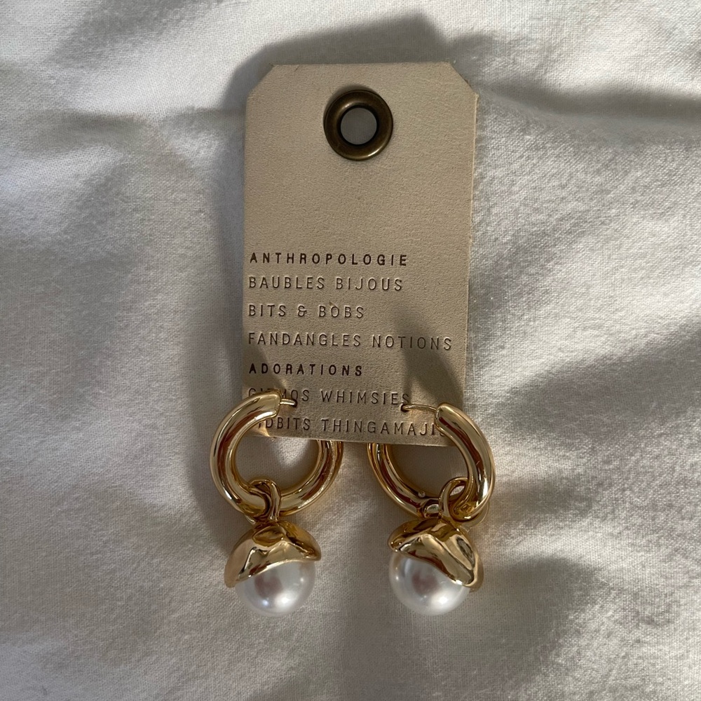 Anthropologie Gold Hoop Earrings with Pearls